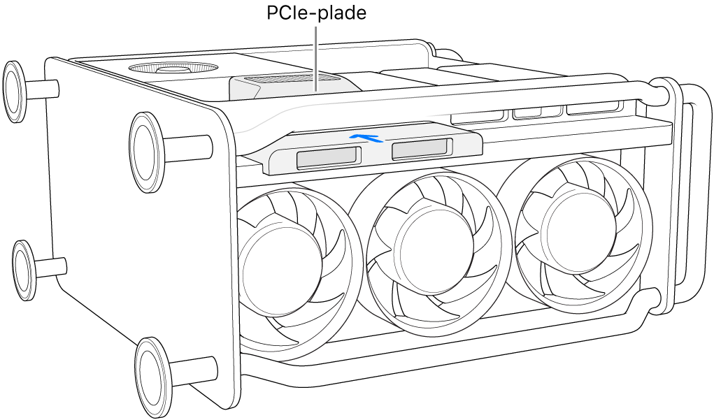 Mac Pro på siden med en illustration af PCIe-pladen og SSD-dækslet.