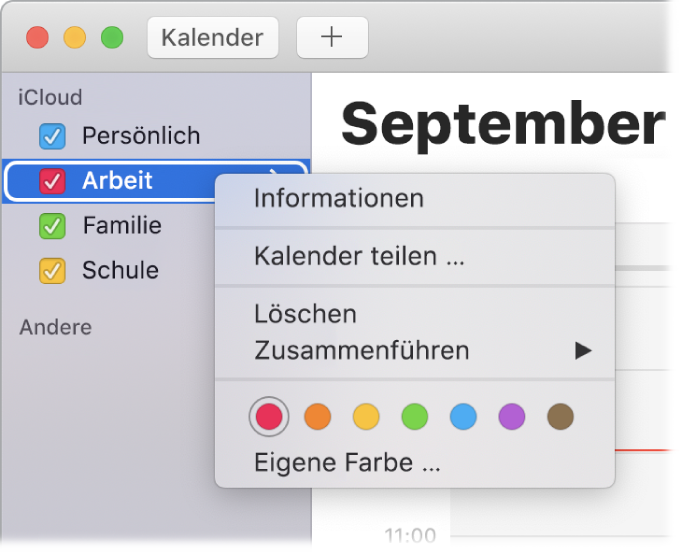 Das Kontextmenü „Kalender“ mit Optionen zum Anpassen der Farbe eines Kalenders