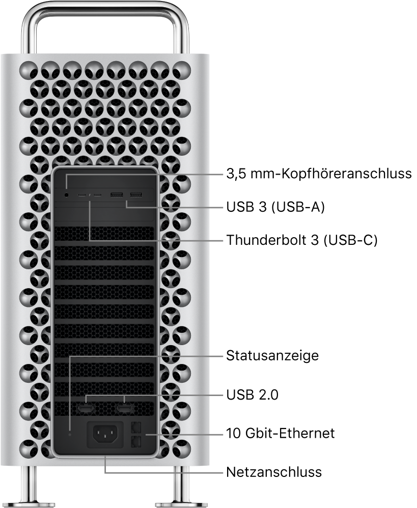 Eine Seitenansicht des Mac Pro mit dem 3,5-mm-Kopfhöreranschluss, zwei USB-A-Anschlüssen, zwei Thunderbolt 3-Anschlüssen (USB-C), einer Statusanzeige, zwei HDMI 2.0-Anschlüssen, zwei 10 Gigabit-Ethernetanschlüssen und dem Netzanschluss.