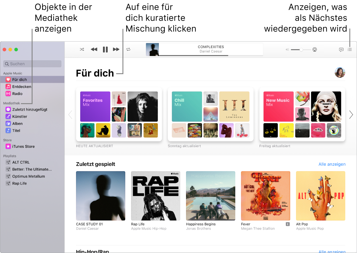 Ein Fenster der App „Musik“ mit Informationen zum Anzeigen deiner Mediathek, Anhören von Apple Music und Anzeigen des nächsten Titels