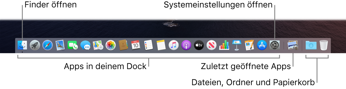 Das Dock mit Finder, Systemeinstellungen und der Linie im Dock, die Apps von Dateien und Ordner abtrennt