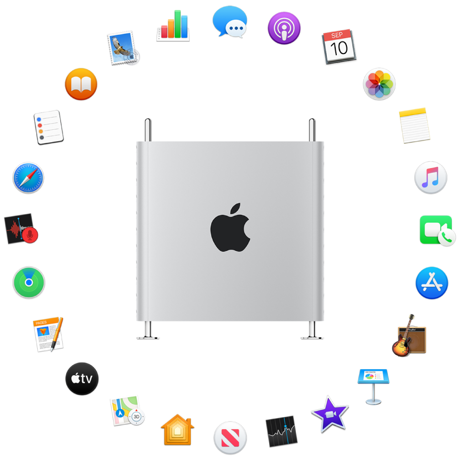 Ein Mac Pro, der von den Symbolen für die integrierten Apps umgeben ist, die in den folgenden Abschnitten beschrieben werden.
