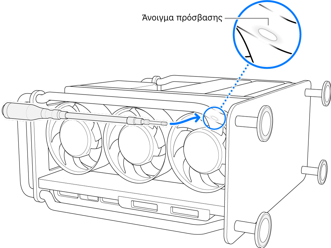 Η πλευρική όψη του Mac Pro όπου φαίνεται ένας ευέλικτος οδηγός στραμμένος προς το άνοιγμα πρόσβασης.