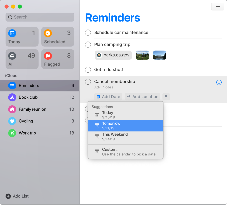 A Reminders window with the edit buttons visible for a reminder. The pointer is in Add Date, creating a menu with suggestions for Today, Tomorrow, This Weekend, and Custom.