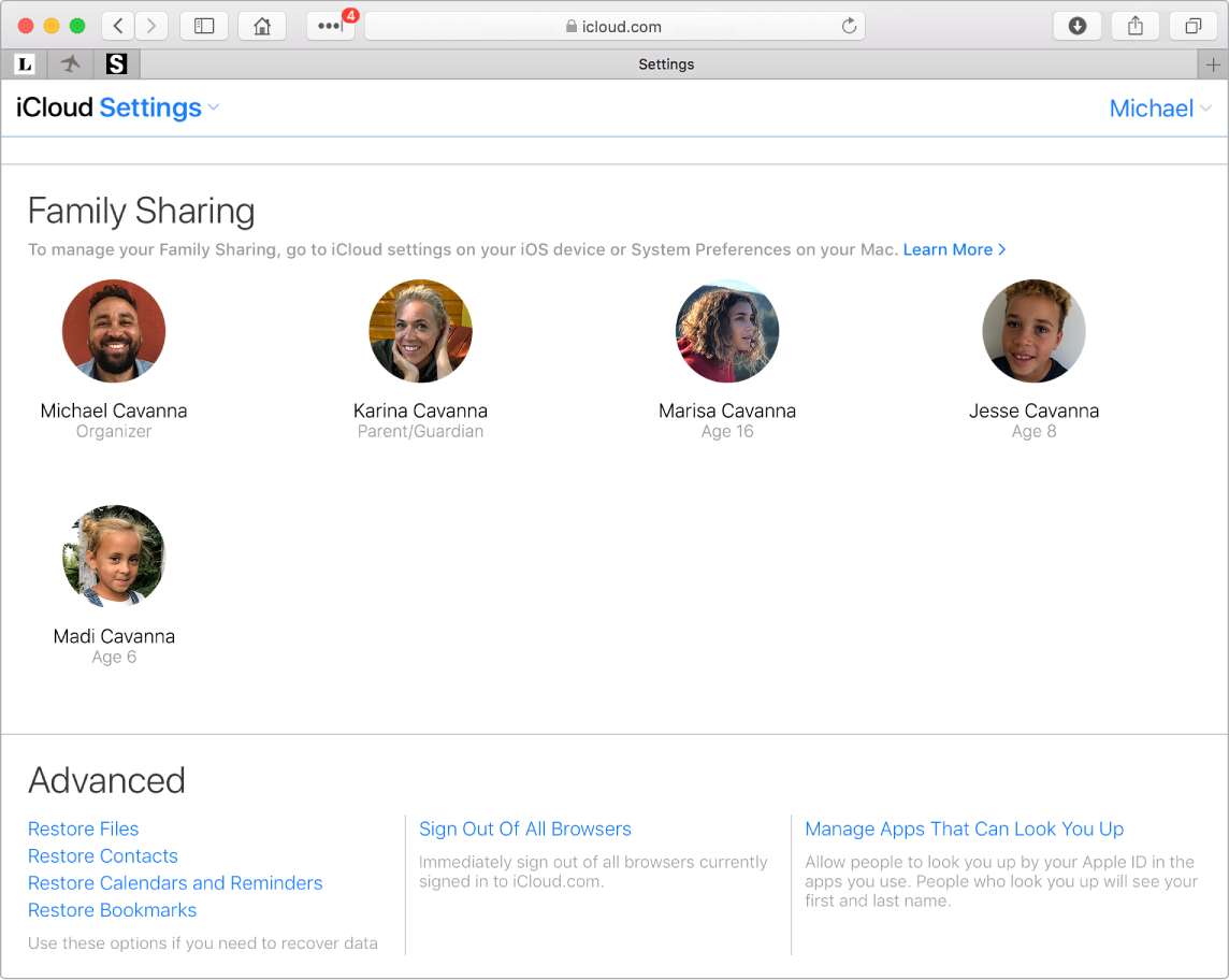 A Safari window showing Family Sharing settings on iCloud.com.