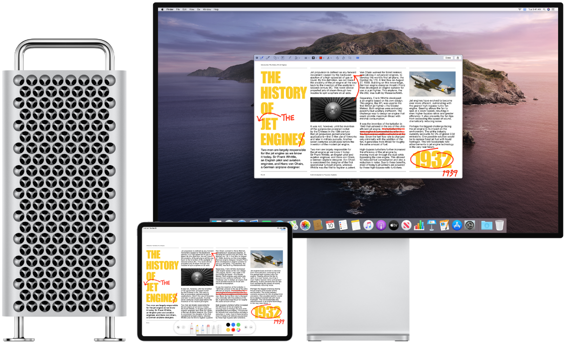 A Mac Pro and an iPad sit side by side. Both screens display an article covered in scribbled red edits, such as crossed out sentences, arrows, and added words. The iPad also has mark up controls at the bottom of the screen.