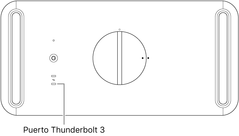Se muestra la parte superior de la Mac Pro con el puerto Thunderbolt 3 correcto a usar.