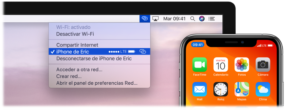 Pantalla de la Mac con el menú Wi-Fi mostrando una conexión de Compartir Internet con un iPhone.
