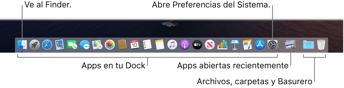 El Dock mostrando el Finder, Preferencias del Sistema y la línea que divide las apps de las carpetas y archivos.