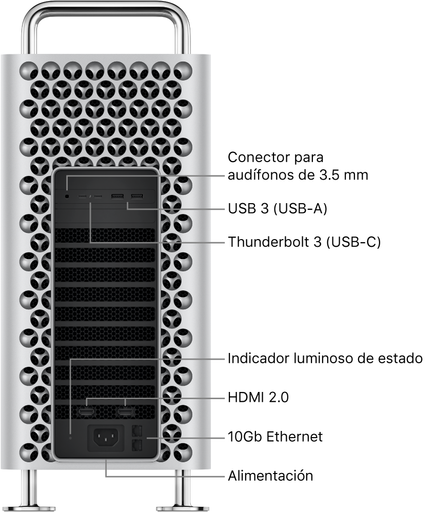 Una vista lateral de una Mac Pro mostrando el conector para audífonos de 3.5 mm, dos puertos USB-A, dos puertos Thunderbolt 3 (USB-C), un indicador luminoso de estado, dos puertos HDMI 2.0, dos puertos 10 Gigabit Ethernet y el puerto de corriente.