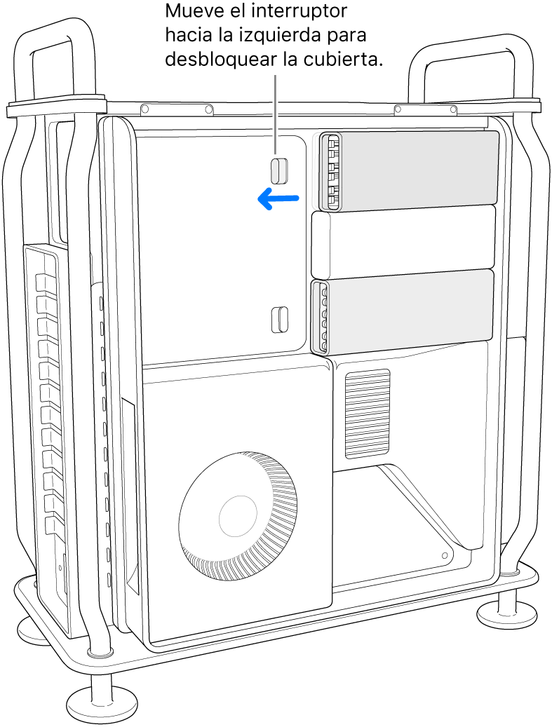 El interruptor se mueve hacia la izquierda para desbloquear la cubierta DIMM.