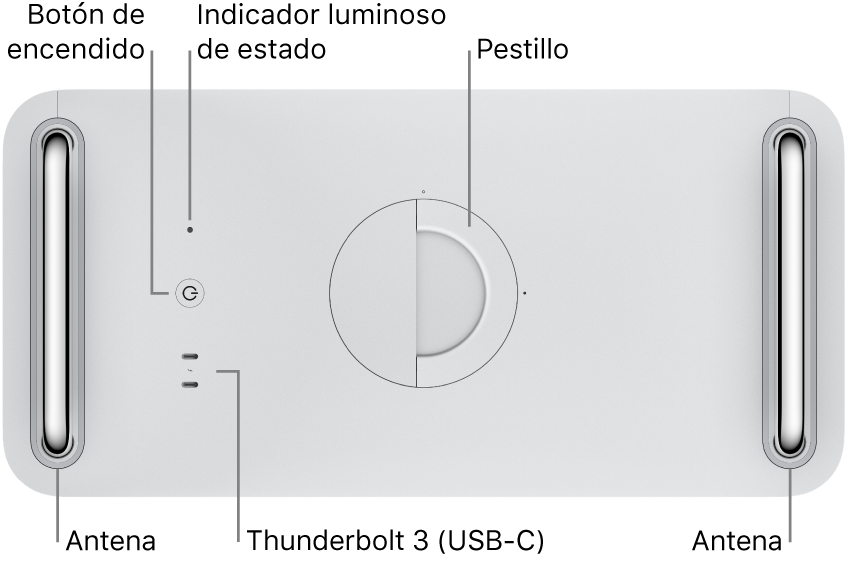 La parte superior de la Mac Pro mostrando el botón de encendido, el indicador luminoso del sistema, el pestillo, la antena y dos puertos Thunderbolt 3 (USB-C).