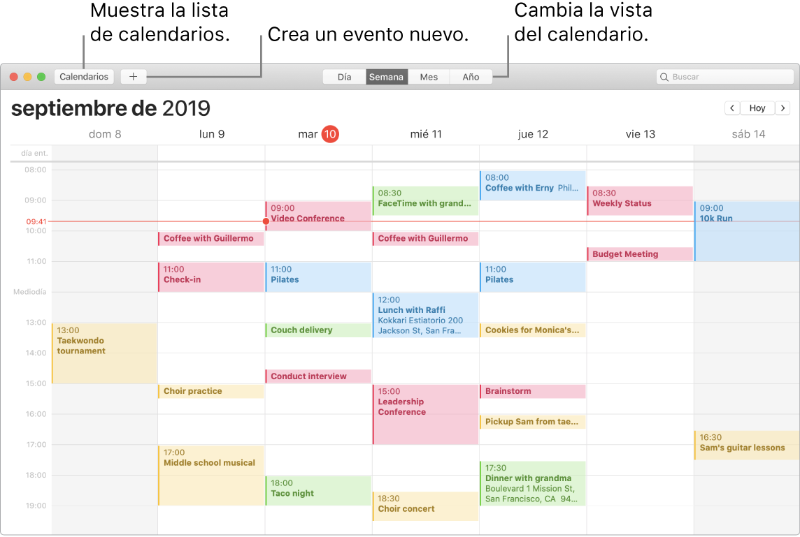 Ventana de Calendario mostrando cómo crear un evento, mostrar la lista de calendarios y seleccionar la vista por días, semanas, meses o años.