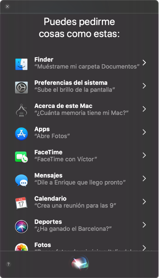 Una ventana de Siri con el encabezamiento “Puedes pedirme cosas como estas” y ejemplos de consultas a Siri, como “¿Ha ganado el Barcelona?”.