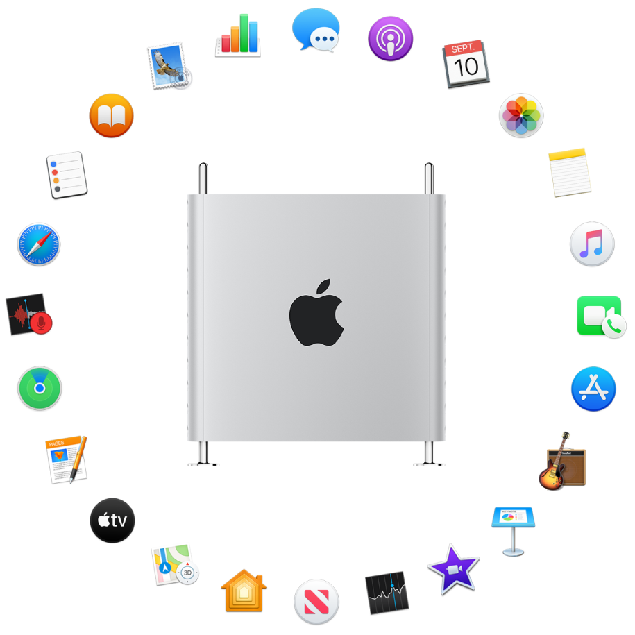 Un Mac Pro autour duquel sont représentées les icônes des apps fournies avec votre ordinateur et décrites dans les sections suivantes.