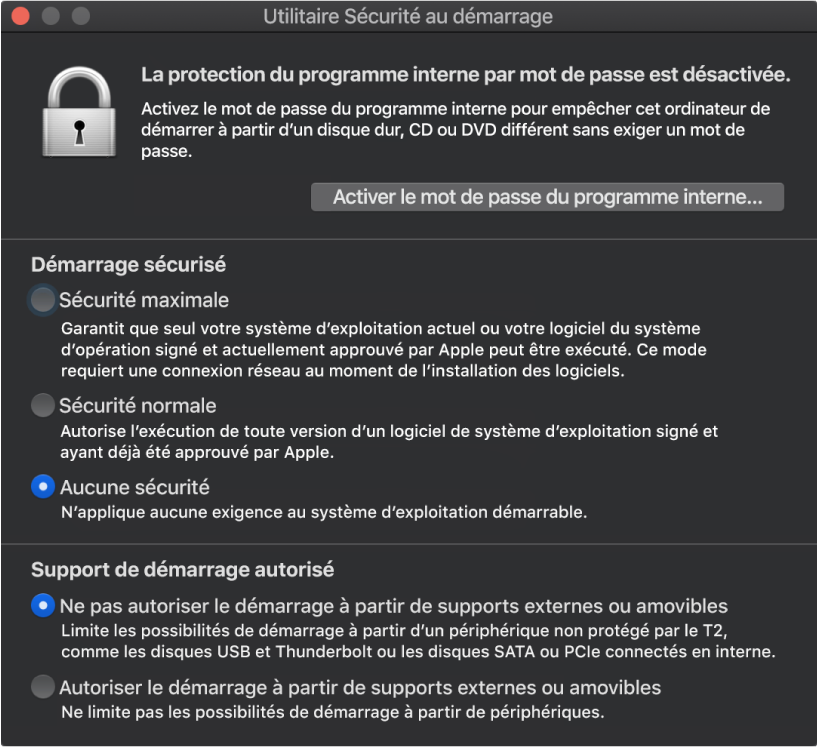 La fenêtre d’Utilitaire Sécurité au démarrage est ouverte avec une option de démarrage sécurisé cochée et une option de démarrage externe cochée.