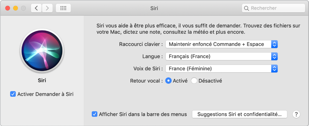 La fenêtre des préférences Siri, avec l’option Activer Demander à Siri sélectionnée à gauche et plusieurs options pour personnaliser Siri à droite.