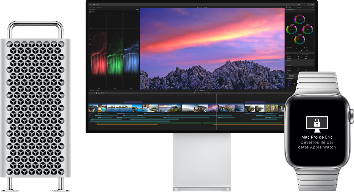 Un Mac Pro et son écran, à côté d’une Apple Watch affichant un message qui indique que le Mac a été déverrouillé par la montre.