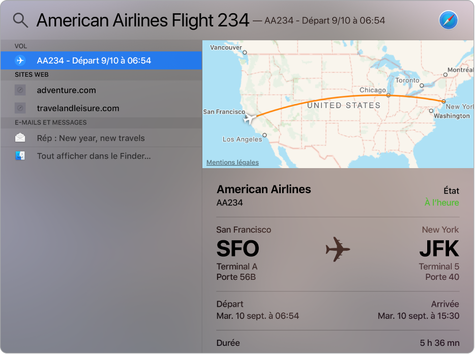 La fenêtre Spotlight affichant un plan et des informations de vol pour le vol que vous avez recherché.