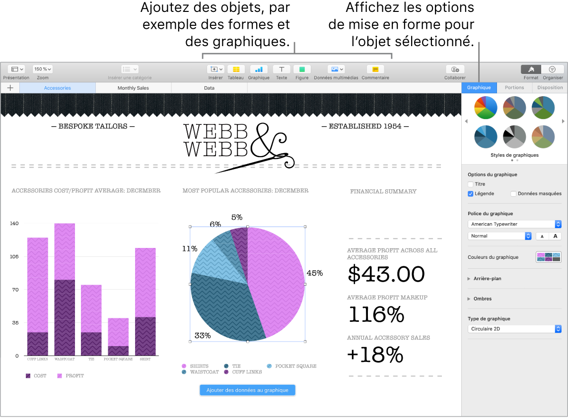 Une fenêtre de Numbers avec des légendes pour les catégories d’objets que vous pouvez ajouter et les options de mise en forme d’objets.