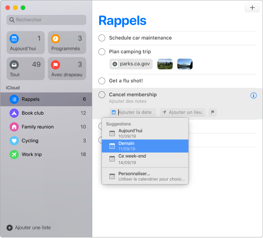 Une fenêtre Rappels avec les boutons de modification visibles pour un rappel. Le pointeur se trouve dans « Ajouter la date », créant un menu avec les suggestions pour Aujourd’hui, Demain, « Cette semaine » et « Personnaliser ».