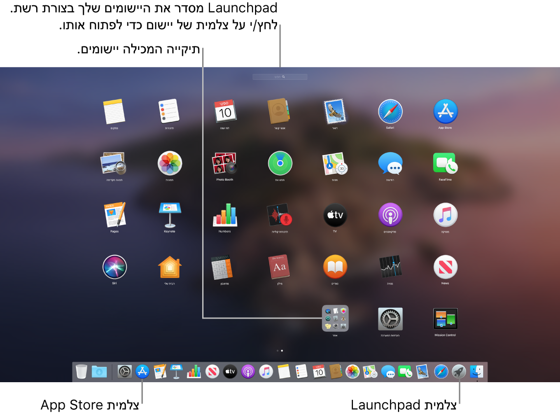 מסך של Mac עם ה‑Launchpad פתוח, תיקיה של יישומים מוצגת ב‑Launchpad וצלמיות של ה‑Launchpad וה‑App Store ב‑Dock.