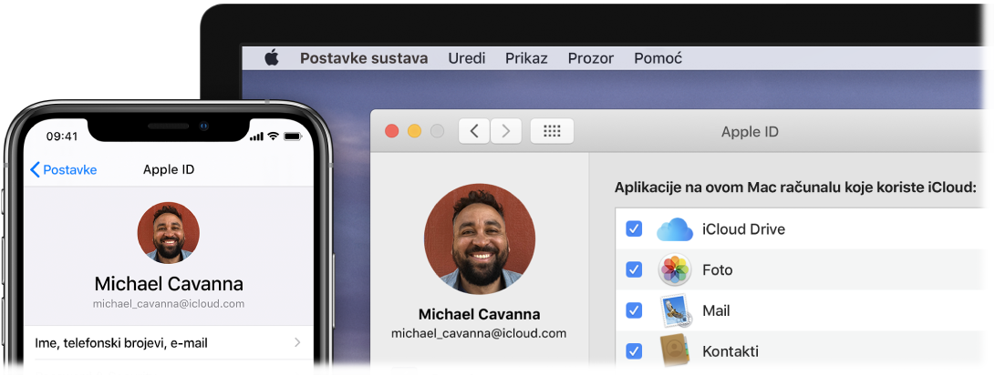 iPhone prikazuje iCloud postavke, a zaslon Maca prikazuje iCloud prozor.