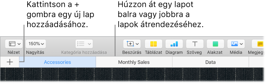 A Numbers ablaka, amelyben a lapok hozzáadásának és átrendezésének módja látható.