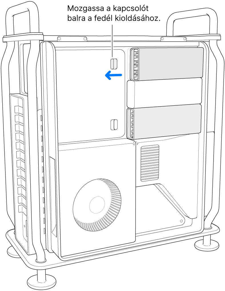 A kapcsoló balra elmozdítva a DIMM-foglalatok burkolatának kioldásához.