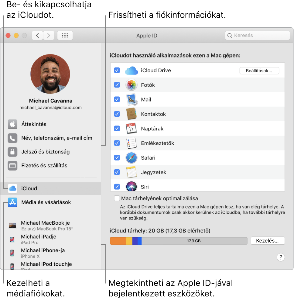 A Rendszerbeállítások Apple ID panelje. Kattintson az oldalsáv egyik elemére a fiókinformációk frissítéséhez, az iCloud be- vagy kikapcsolásához, a médiafiókok kezeléséhez, illetve az Ön Apple ID-jával bejelentkezett összes eszköz megtekintéséhez.