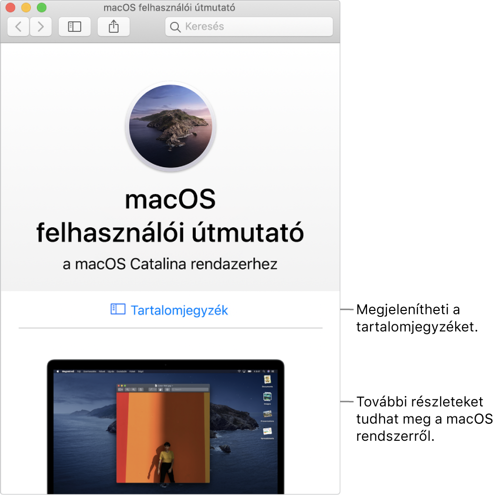 A macOS felhasználói útmutatójának kezdőoldala a Tartalomjegyzék linkkel.