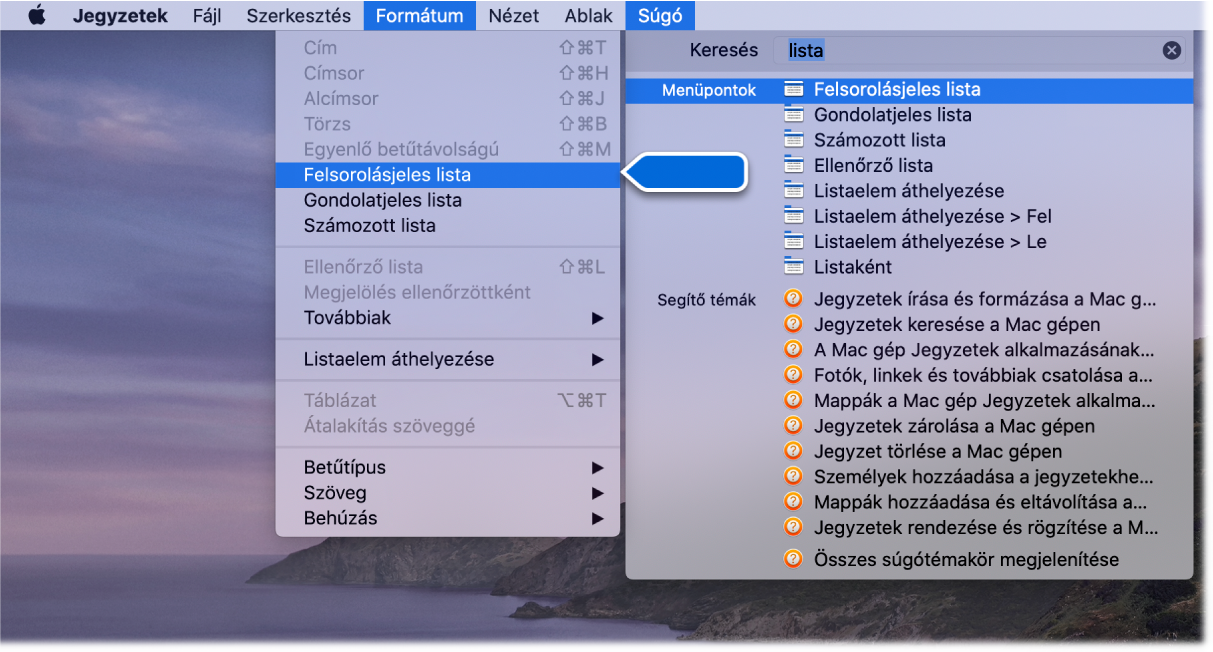 A súgó menü, amelyben a „lista” keresőkifejezés látható, továbbá a Felsorolásjeles lista parancs, amely a találatok listáján és a Formátum menüben egyaránt ki van emelve.