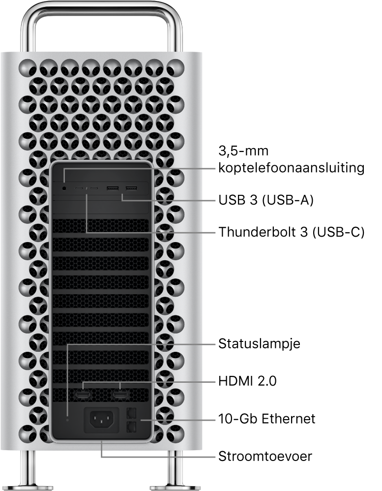 De zijkant van de Mac Pro met de 3,5-mm koptelefoonaansluiting, twee USB-A-poorten, twee Thunderbolt 3-poorten (USB-C), een statuslampje, twee HDMI 2.0-poorten, twee 10 Gigabit Ethernet-poorten en een poort voor het netsnoer.