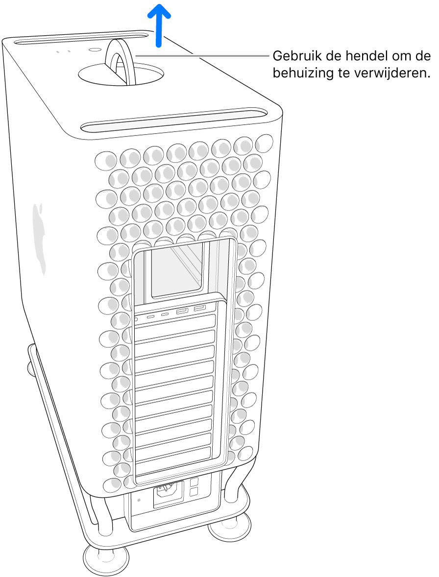 De behuizing wordt omhoog en van de computer afgetrokken.