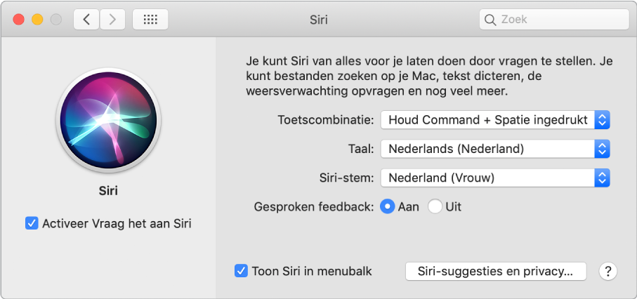 Het voorkeurenvenster 'Siri' met links het aankruisvak 'Activeer Vraag het aan Siri' dat is ingeschakeld en rechts verschillende opties om Siri aan te passen.