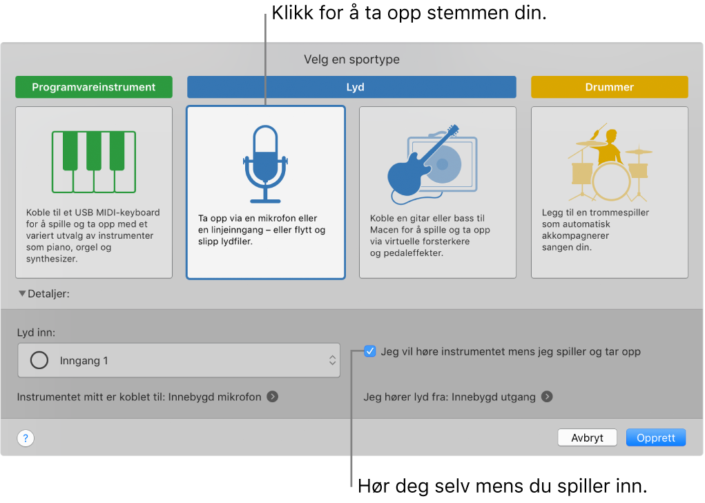 GarageBand-instrumentpanelet som viser hvor du skal klikke for å ta opp en stemme og hvordan du hører deg selv når du tar opp.