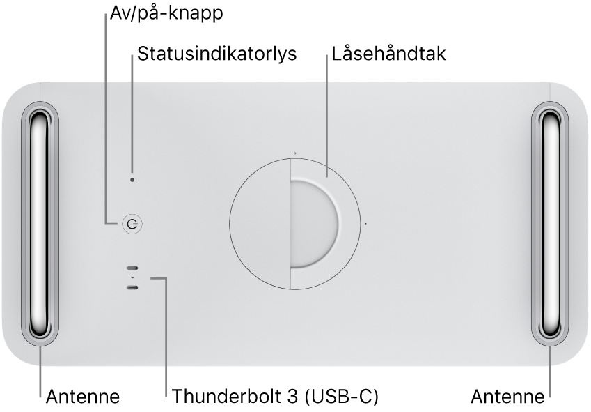 Toppen av Mac Pro som viser av/på-knappen, systemindikatorlyset, låsehåndtaket, antenner og to Thunderbolt 3-porter (USB-C).