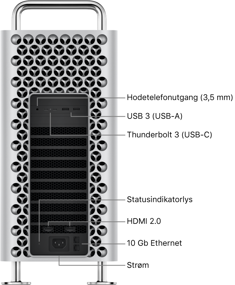 Mac Pro fra siden som viser hodetelefonutgangen (3,5 mm), to USB-A-porter, to Thunderbolt 3-porter (USB-C), et statusindikatorlys, to HDMI 2.0-porter, to 10 Gigabit Ethernet-porter og strømporten.