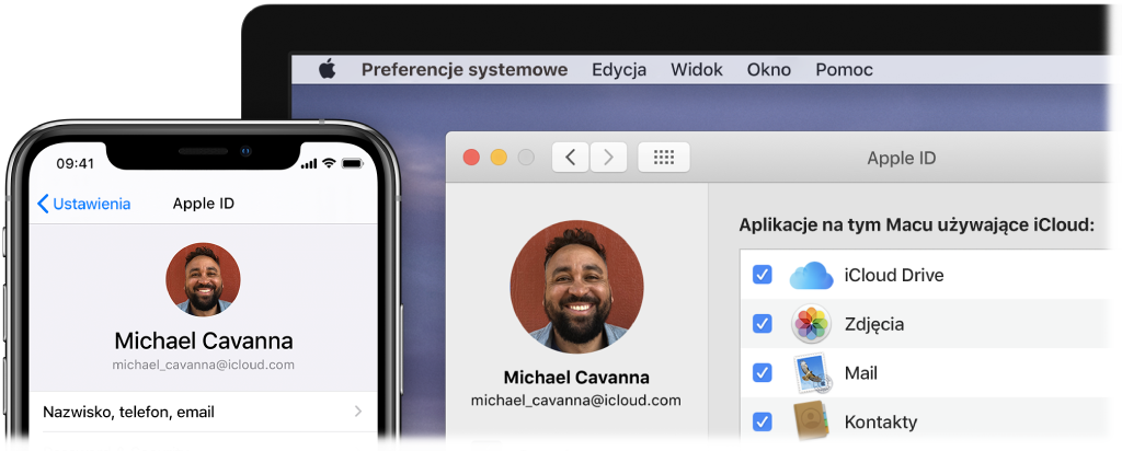 iPhone wyświetlający ustawienia iCloud oraz ekran Maca z oknem iCloud.