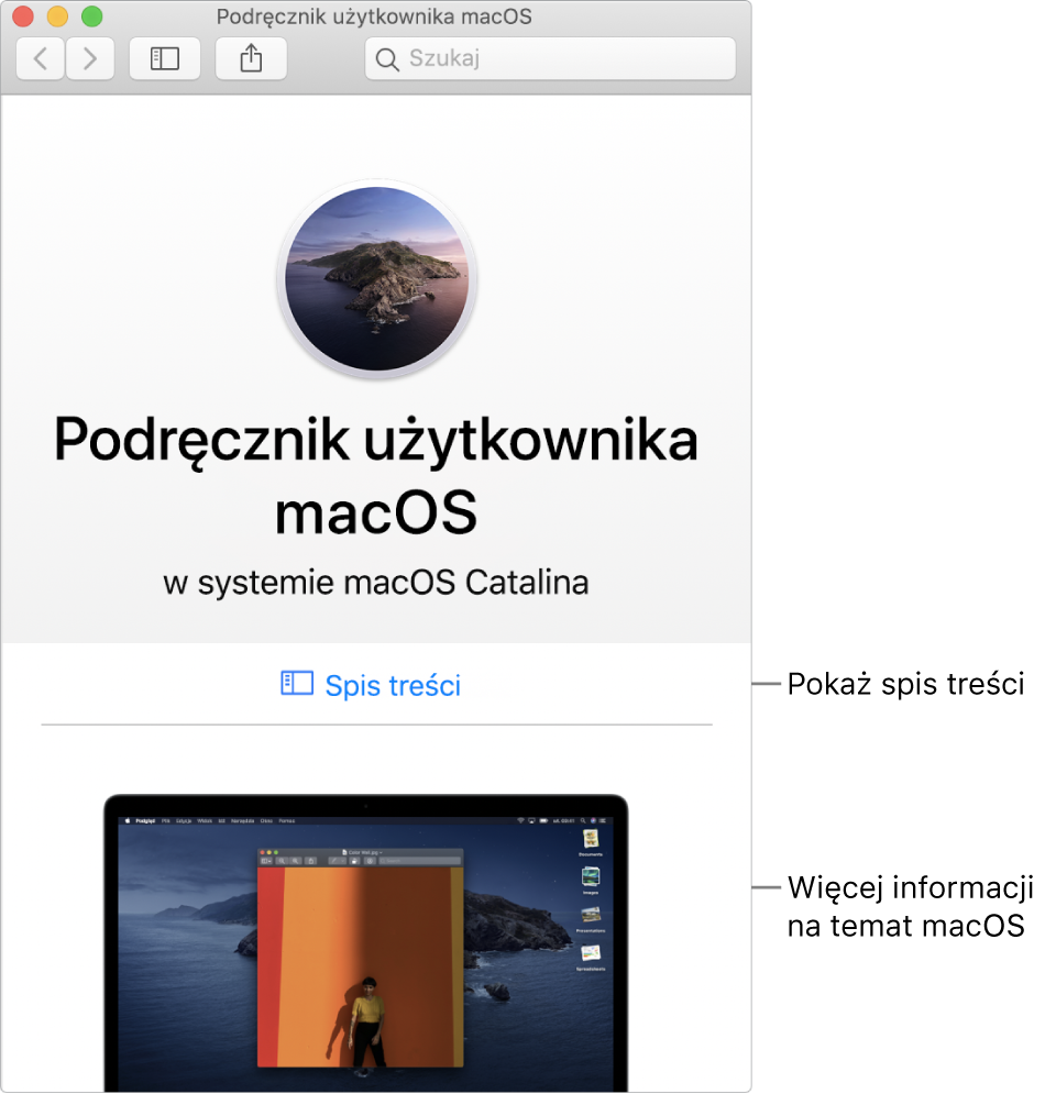 Strona powitalna Podręcznika użytkownika macOS oraz łącze do Spisu treści.