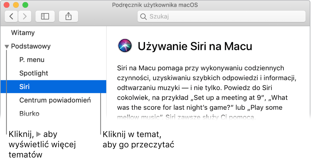 Okno przeglądarki pomocy; ilustracja przedstawia sposób wyświetlania tematów na pasku bocznym oraz sposób wyświetlania zawartości otwartego tematu pomocy.