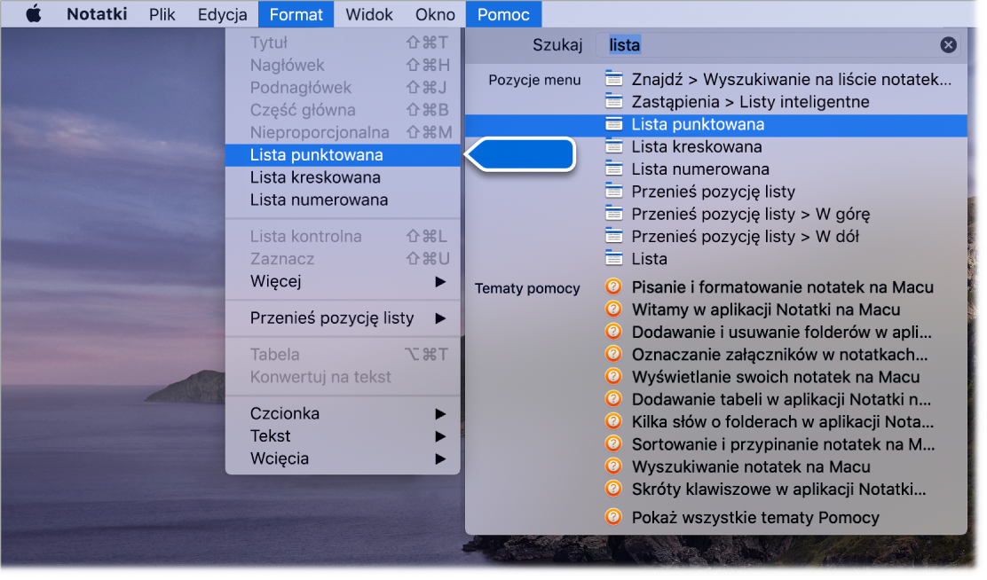 Menu pomocy pokazujące wyszukiwanie frazy „lista kontrolna” oraz wyróżnione polecenie Lista punktowana na liście wyników oraz w menu Format.