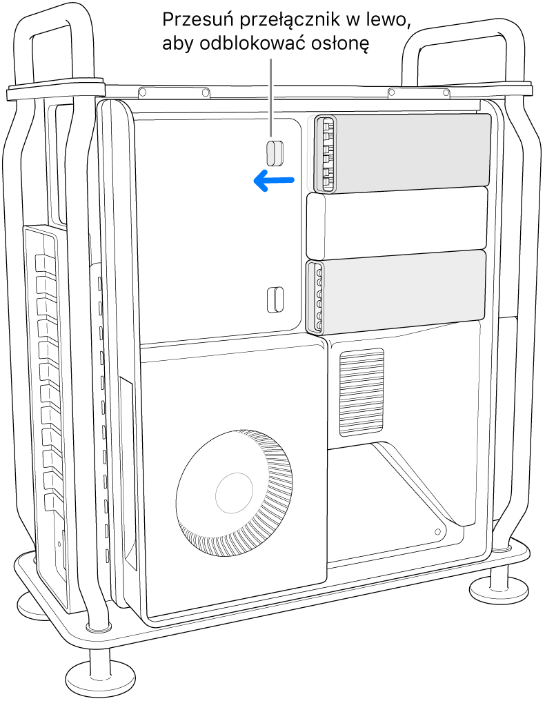 Przełącznik jest przesuwany w lewo w celu odblokowania osłony modułów DIMM.