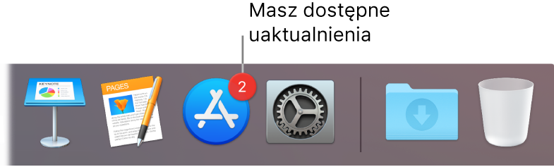 Fragment Docka zawierający ikonę App Store z plakietką wskazującą na dostępność uaktualnień.