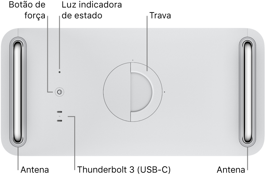 Parte superior do Mac Pro mostrando o botão de Força, luz indicadora do sistema, trava, antena e duas portas Thunderbolt 3 (USB-C).