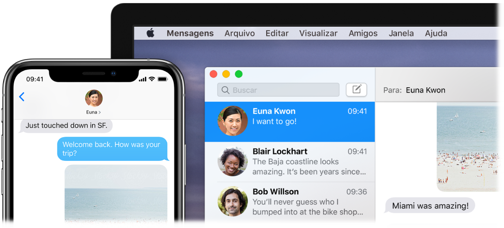 App Mensagens aberto em um Mac, mostrando a mesma conversa do Mensagens em um iPhone.