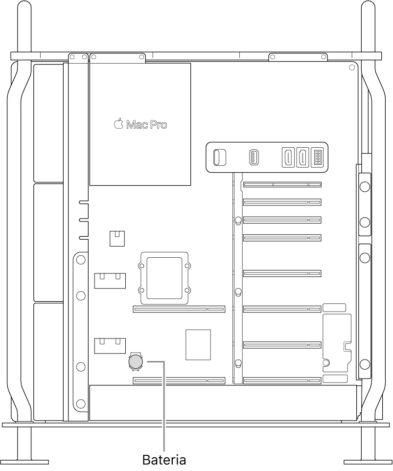 Uma vista lateral do Mac Pro a ilustrar onde a pilha de célula de botão está localizada.