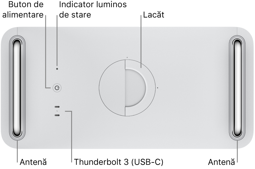 Partea de sus a Mac Pro-ului afișând butonul de alimentare, indicator luminos al sistemului, lacătul, antena și două porturi Thunderbolt 3 (USB-C).