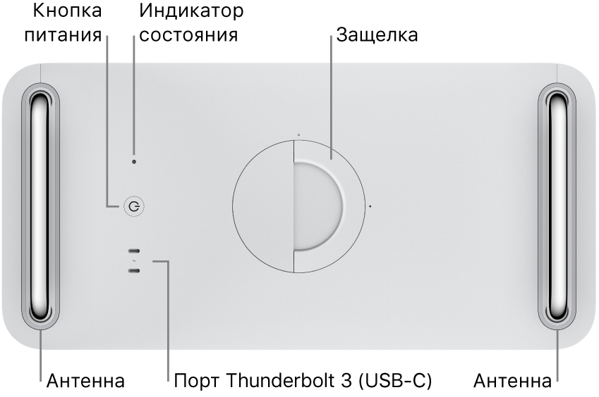 Вид сверху на Mac Pro. Показаны кнопка питания, системный индикатор, защелка, антенна и два порта Thunderbolt 3 (USB-C).