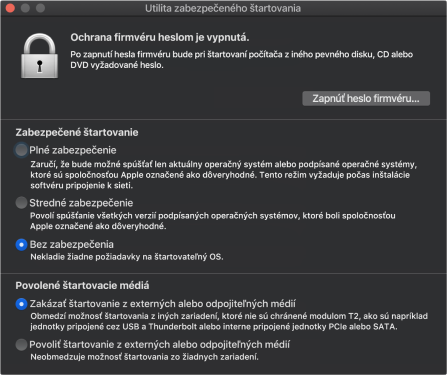 Otvorené okno Utility zabezpečeného štartovania so zaškrtnutou možnosťou zabezpečeného spúšťania a zaškrtnutou možnosťou externého spúšťania.